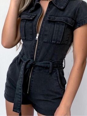 White Fox Black Denim Zip-Front Romper with Belt